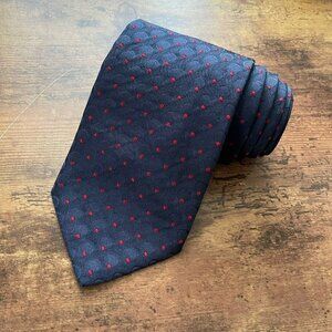 Take Six Mens Silk Tie Navy Blue Red Dot Jacquard Necktie Gold Chain Keeper Loop